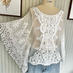 Lilly Mason Sheer & Lace Kimono with Exaggerated Sleeves White